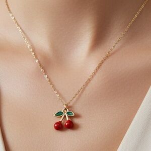 Cherry red leaf Pendant Necklace in Gold and Red 17 inch